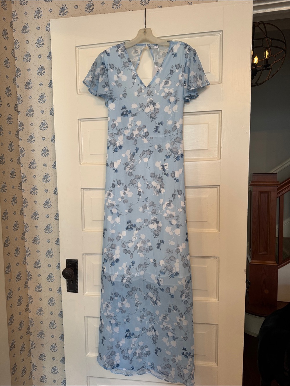 Light Blue Floral Maxi Dress with V-Neck